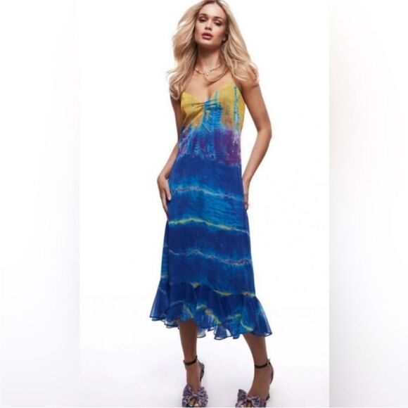 NEW! Betsy Johnson Rainbow Water Blue Tie Dye Hi Low Hem Ruffle Dress - 10 $119 - Picture 3 of 12